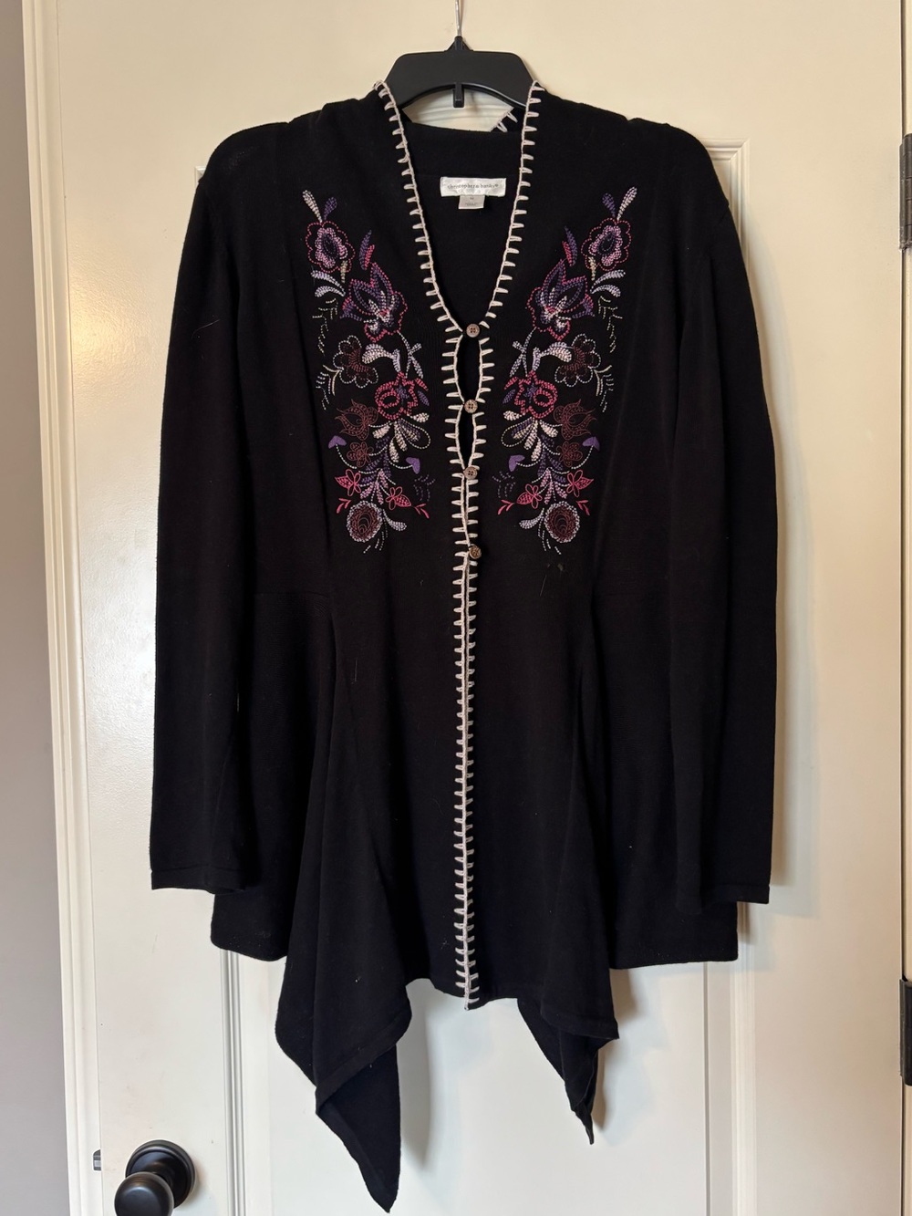 Vintage Christopher Banks Black Embroidered Open-Front Women's Sweater Cardigan